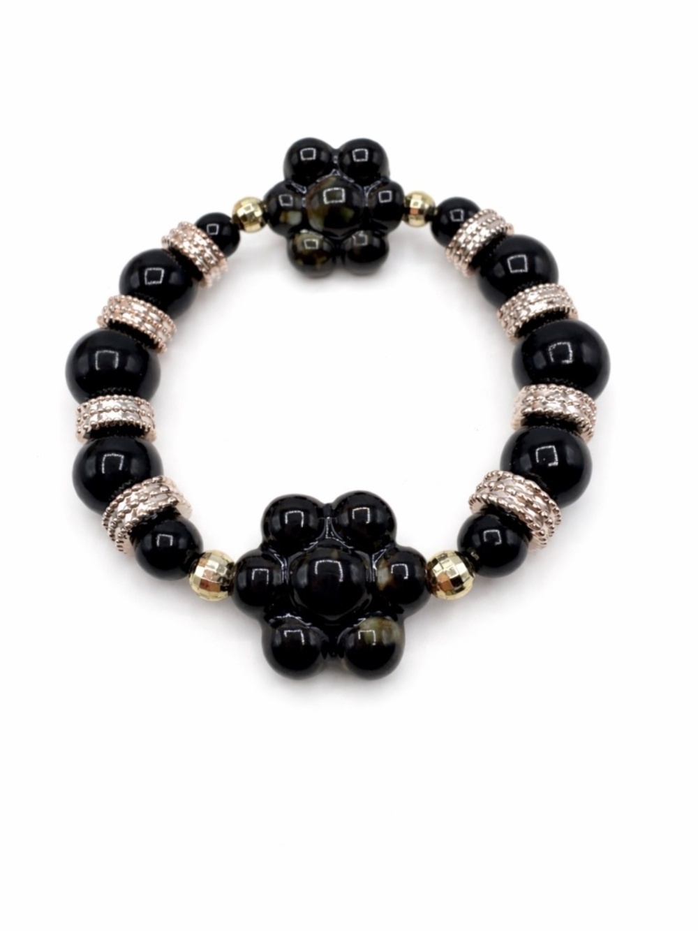 Black Beaded Stretch Bracelet with Floral Center & Silver Accent Rings - Picture 5 of 6